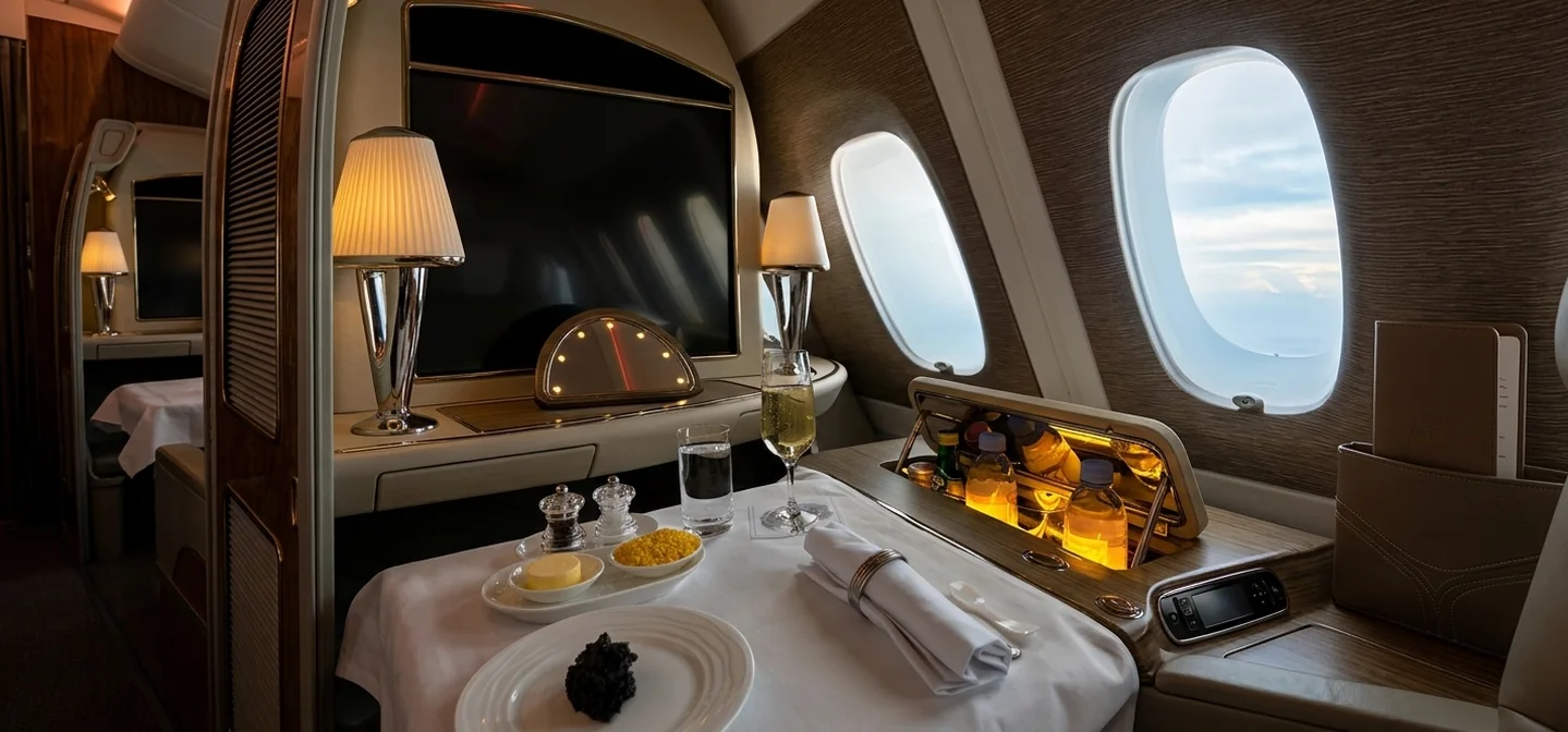 A first class suite with champagne beside windows above the clouds at sunset
